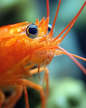 Captivating close up of a vibrant orange shrimp showcasing its intricate details in a macro shot aquatic life underwater world marine creature crustacean.