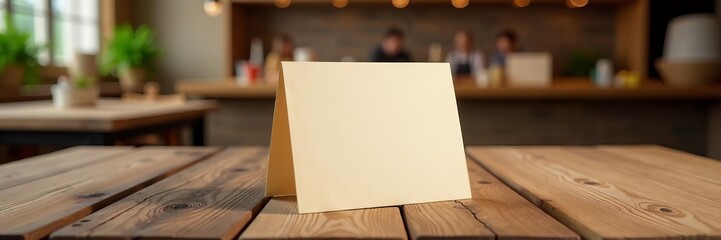 Simple blank tent card on rustic wooden table for event or restaurant, blank, rustic