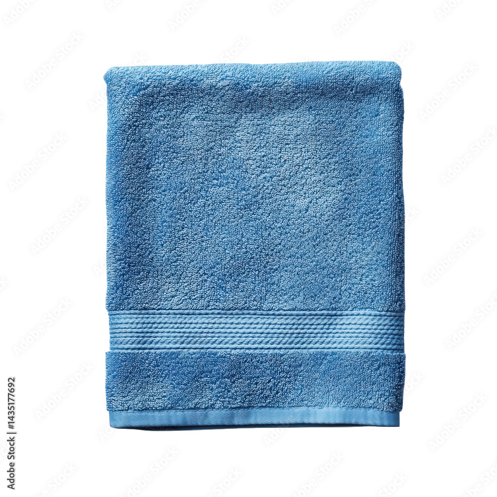 Poster neatly folded blue towel. showcasing its textured surface and a decorative band along the bottom thi