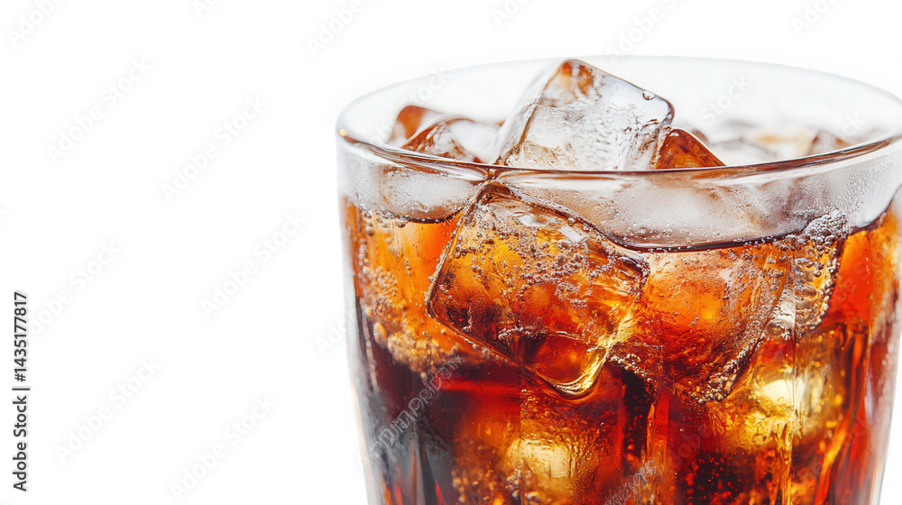 Poster close-up of a glass filled with a dark carbonated beverage. showcasing ice cubes that are partially 