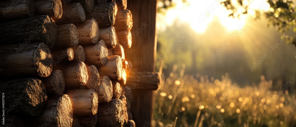 Poster golden light illuminating stacked firewood in rural setting with meadow and trees creating a serene 