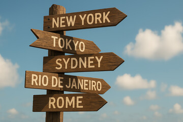 Fototapeta premium Directional signpost featuring major global cities such as New York, Tokyo, Sydney, Rio de Janeiro, and Rome. Ideal for showcasing travel themes and navigational topics.