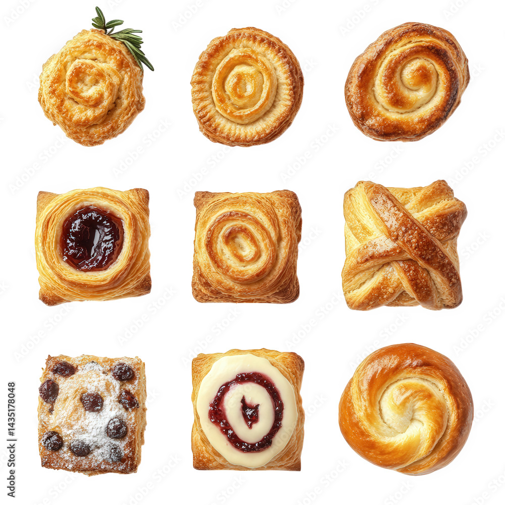 Poster a variety of delicious pastries arranged in a 3x3 grid each pastry has a unique shape and filling. s