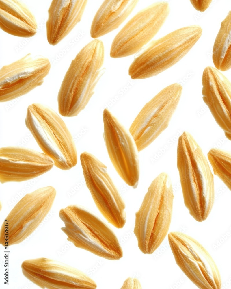 Poster golden oat groats scattered on a white background creating a clean and minimalist composition highli