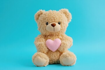 Obraz premium Cute teddy bear holding pink heart on blue background
