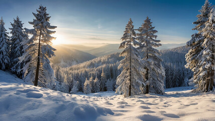 A serene and stunning winter scene in a snow-covered forest.