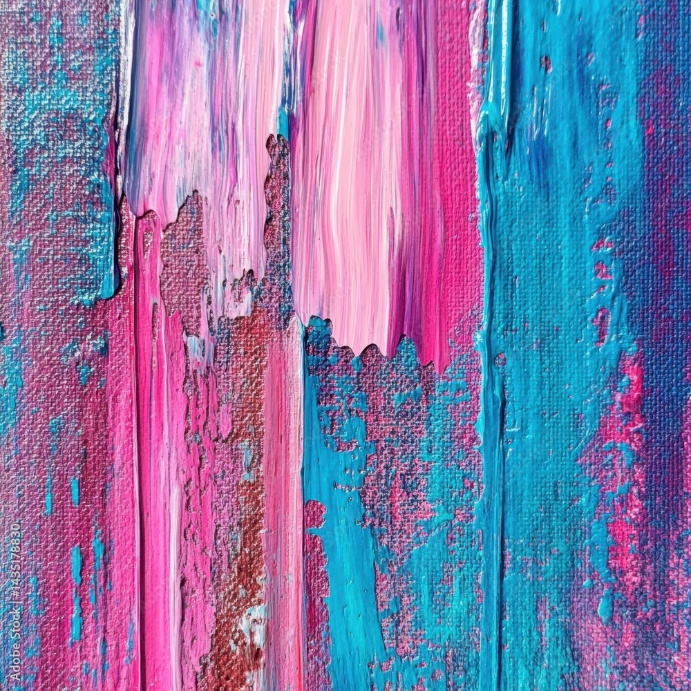 Poster vibrant strokes of pink and blue acrylic paint on canvas creating a textured abstract art piece with