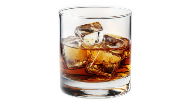 glass tumbler filled with a dark brown liquid. likely whiskey or a similar spirit. accompanied by several ice cubes the glass is transparent. showcasing the drink's color and the ice's clarity. creati
