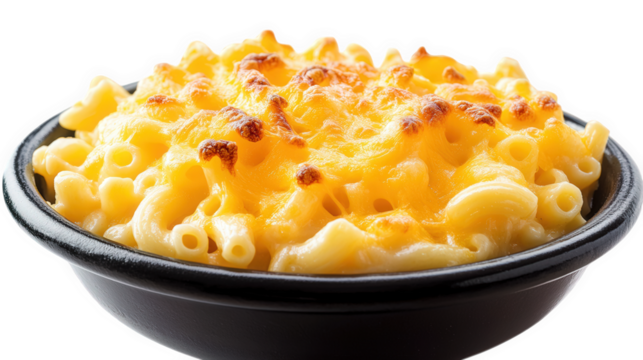 serving of creamy macaroni and cheese. showcasing perfectly cooked elbow macaroni enveloped in a rich. gooey cheese sauce. topped with a golden. crispy layer of baked cheese it is presented in a black