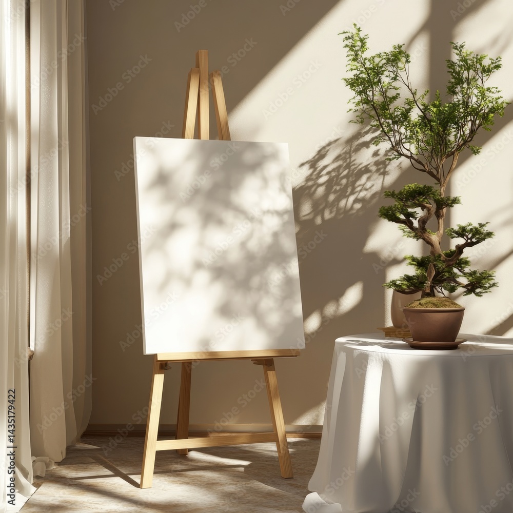 Aufkleber a 3d illustration and 3d render of an artistic studio with a mock-up canvas and two rose poufs