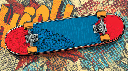 Pop art Skateboard. Colorful background in pop art retro comic style.	