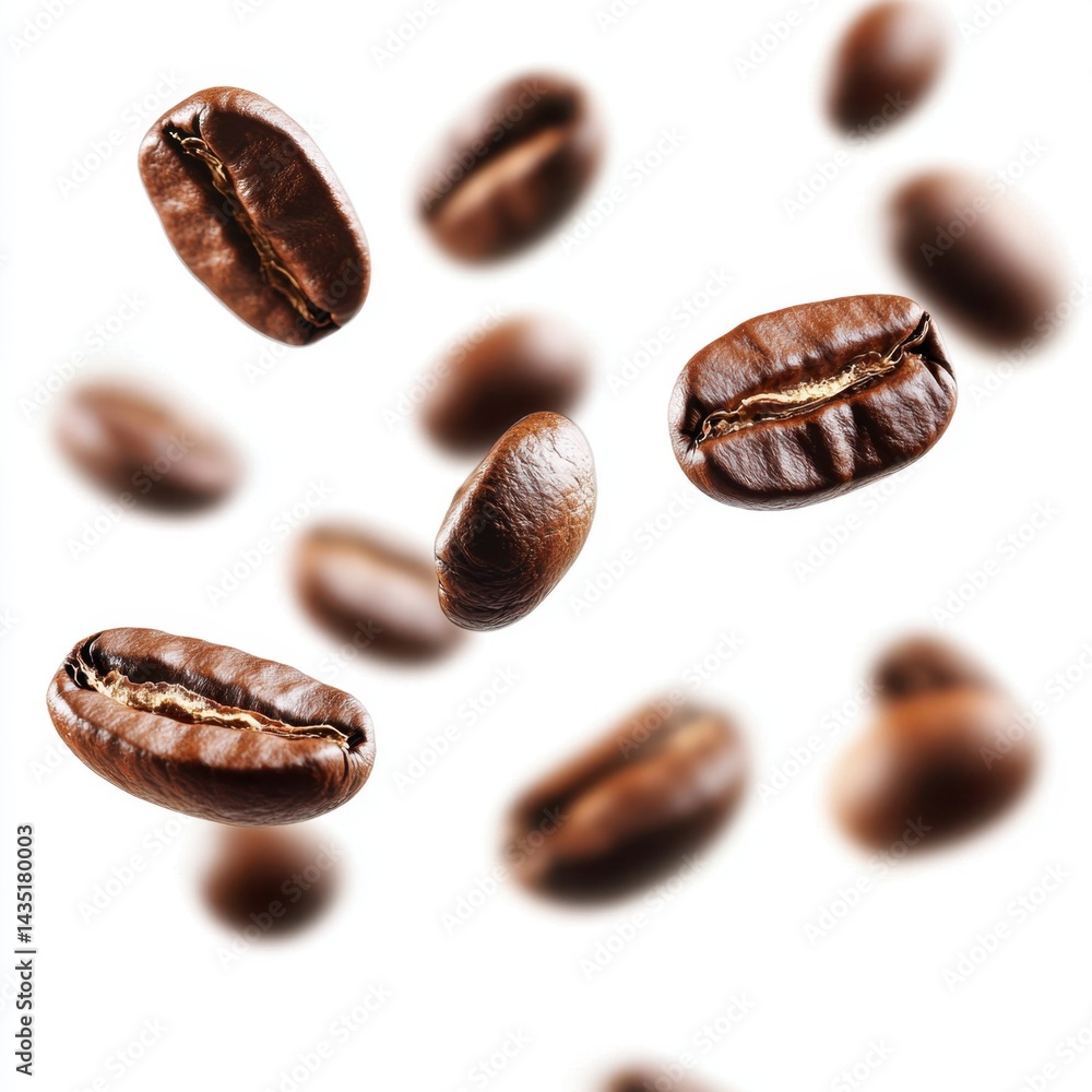 Poster aromatic coffee beans floating in air on a white background creating a dynamic and inviting visual f