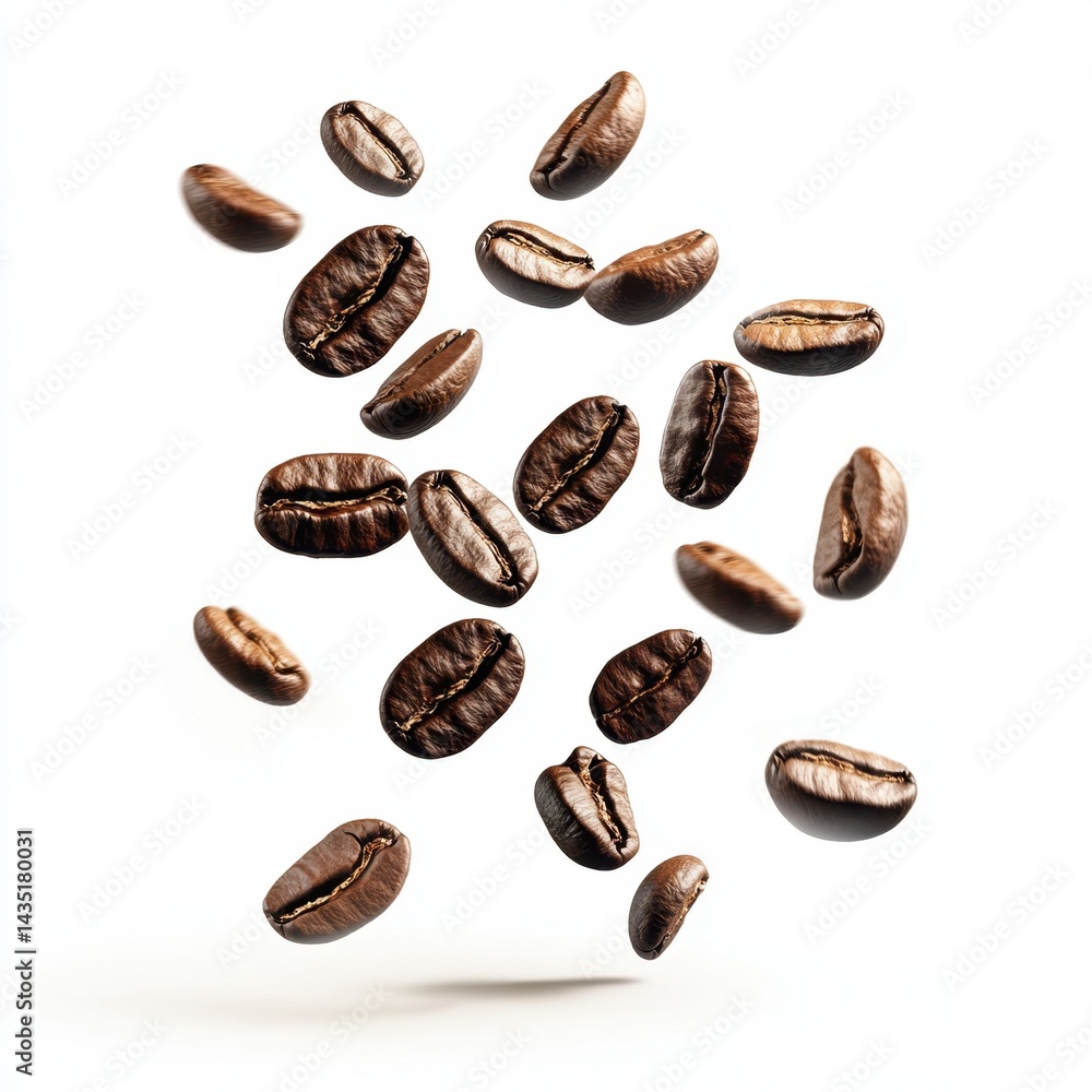 Poster coffee beans falling in a dynamic composition against a bright white background studio shot with sof