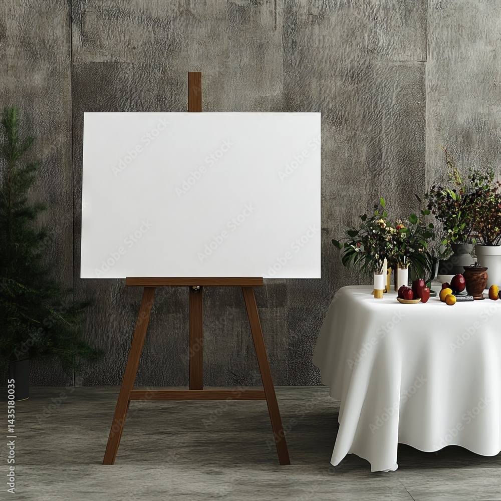 Aufkleber in an artistic studio, a mock-up canvas is displayed with two rose poufs, created as a 3d render and