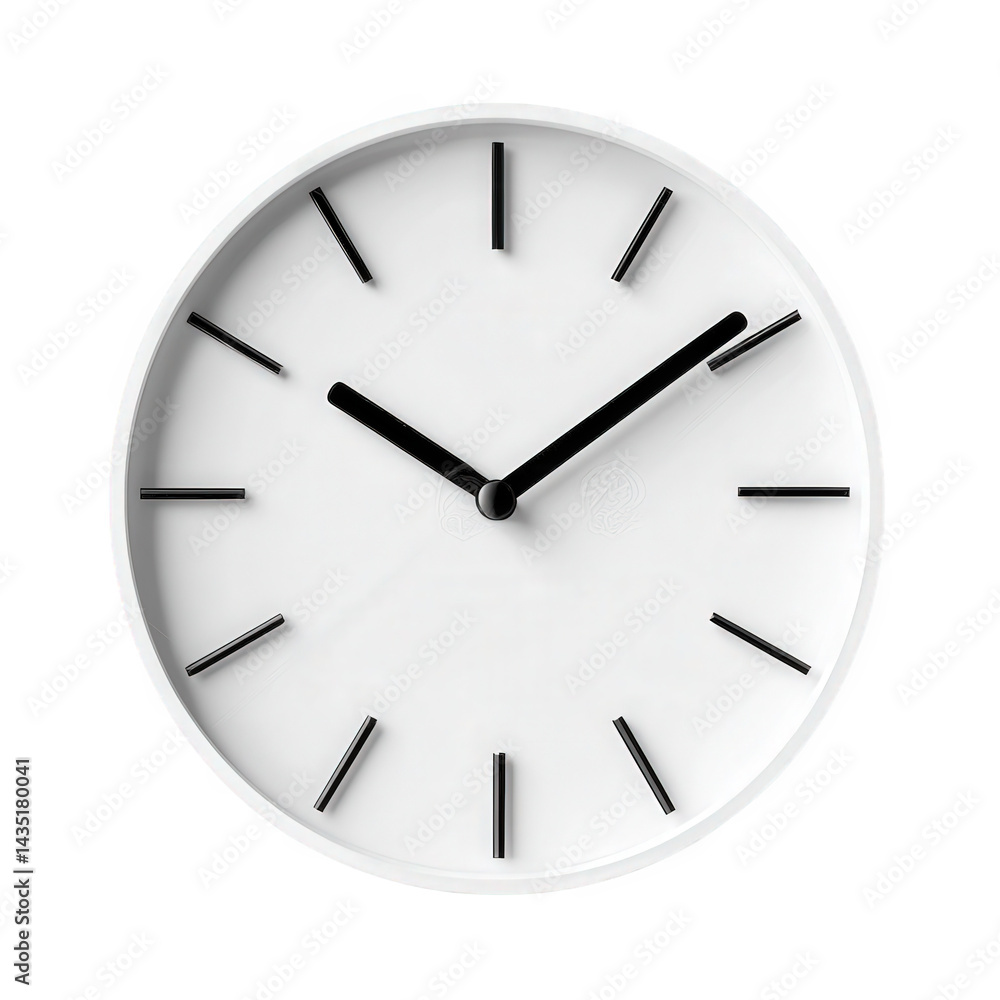 Poster minimalist wall clock with a white face and black hour markers the clock hands are also black. indic