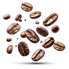 Fototapeta premium Coffee bean explosion on white backdrop showcasing rich aroma and warm tones perfect for cafe menu design and morning beverage promotion with studio shot style