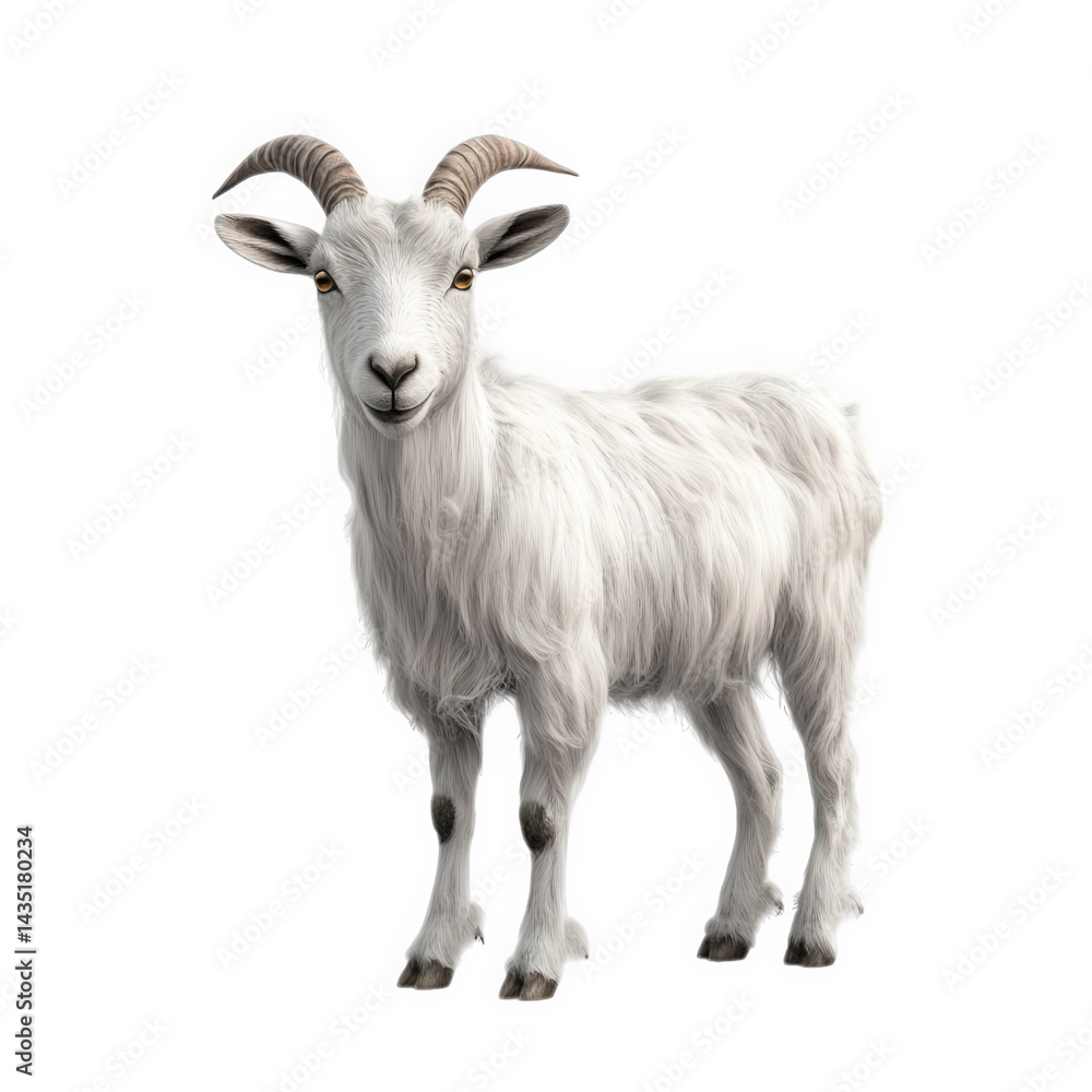 Poster realistic 3d rendering of a white goat with curved horns. standing on a plain background its fluffy 