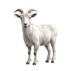 Obraz premium realistic 3d rendering of a white goat with curved horns. standing on a plain background its fluffy coat and expressive eyes give it a friendly appearance. making it suitable for educational or illust