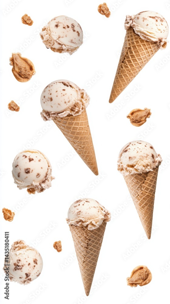 Aufkleber delicious ice cream cones and scoops floating on a white background creating a sweet and refreshing 