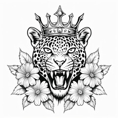 Obraz premium Illustration of a leopard's head wearing a crown with flowers around it generate AI.