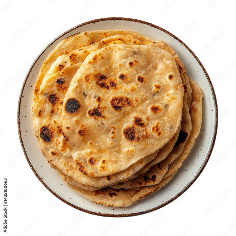 Poster a plate of freshly made flatbreads. showcasing a golden-brown color with charred spots. indicating t