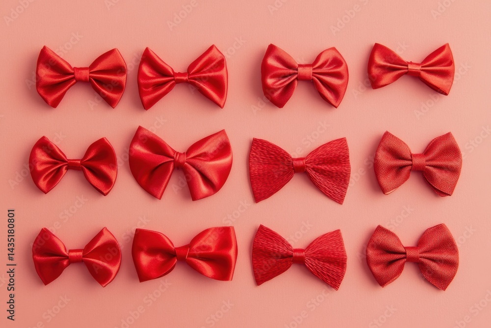 Poster festive array of vibrant red bows on a soft pink backdrop capturing a cheerful mood and elegant styl