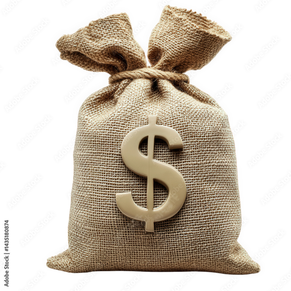 Poster burlap sack tied at the top. prominently displaying a dollar sign symbol. suggesting it contains mon