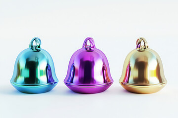 "Shiny metallic bells with vibrant gradient colors in 3D rendering for a festive holiday celebration