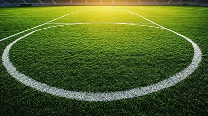 Obraz premium Soccer field center circle at sunset Lush green grass
