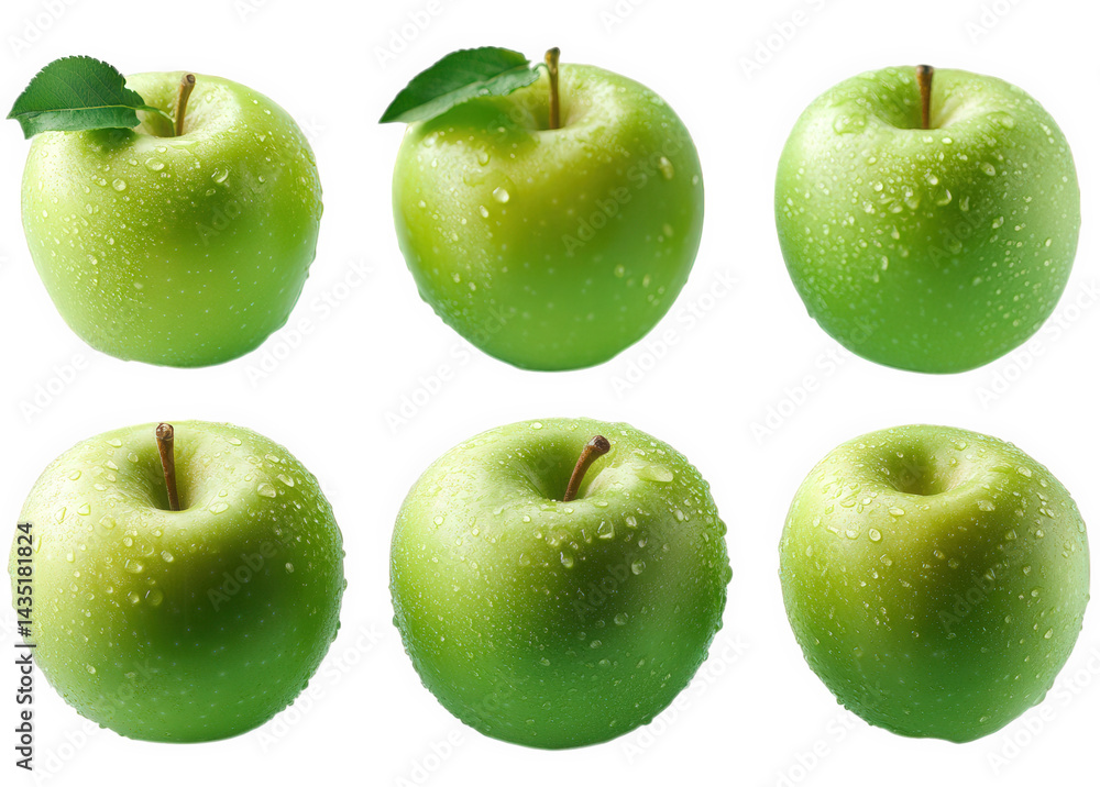 Poster six fresh green apples with droplets of water on their surface. set against a light pastel backgroun