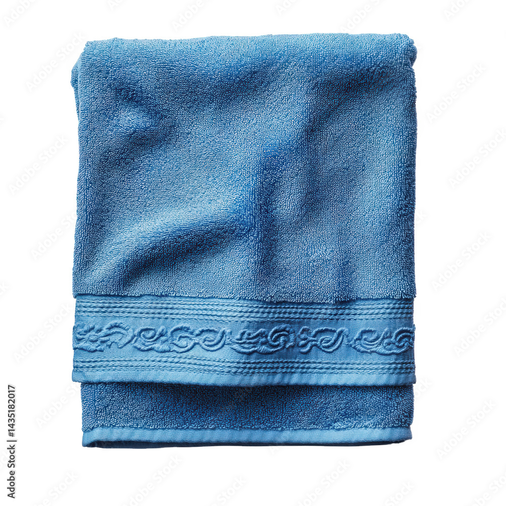 Poster neatly folded blue towel. showcasing a textured surface and a decorative border it serves as a pract