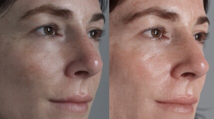 Detailed visual of woman's face before and after rhinoplasty surgery demonstrating skin texture and aesthetic changes