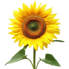 Obraz premium vibrant sunflower with bright yellow petals surrounding a textured brown center. set against a plain white background the flower's green leaves are visible. emphasizing its natural beauty and freshnes