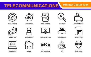 Modern 5G Telecommunications Line Icons – Minimalist Vector Outline Illustrations for Wireless Tech, Mobile Data, Network Infrastructure, and IoT Connectivity