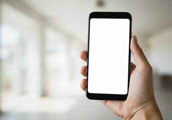 This image captures a smartphone with a blank white display held in a hand, suggesting potential for showcasing mobile applications or digital content against a bokeh background