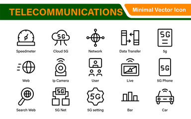 Modern 5G Telecommunications Line Icons – Minimalist Vector Outline Illustrations for Wireless Tech, Mobile Data, Network Infrastructure, and IoT Connectivity