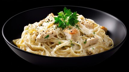 Aromatic bowl of chicken alfredo pasta with fresh ingredients on a striking black background for food lovers