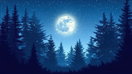 Fototapeta premium Moonlit forest night, starry sky, calm scene, nature backdrop