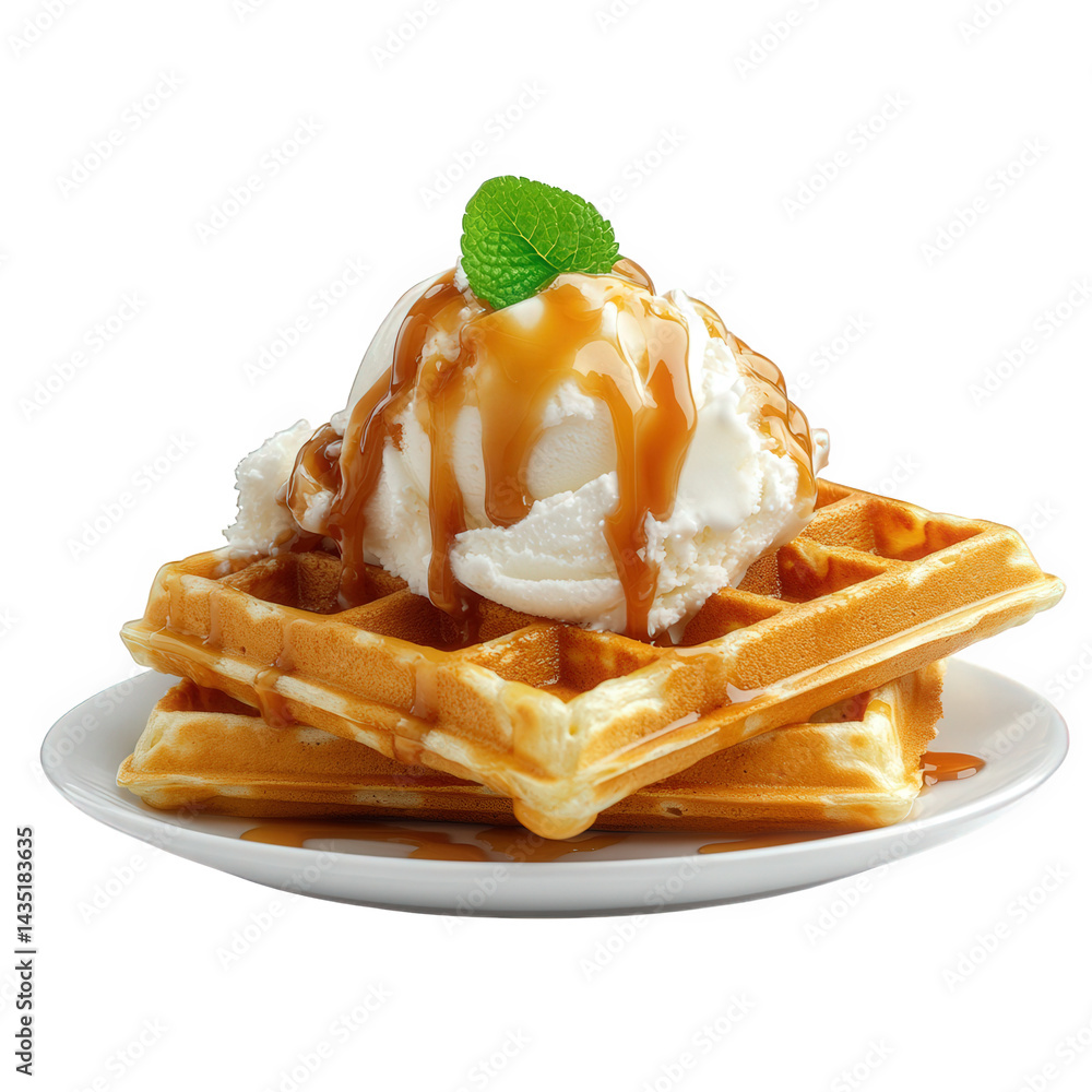 Poster a delicious serving of waffles topped with a scoop of vanilla ice cream and drizzled with caramel sa