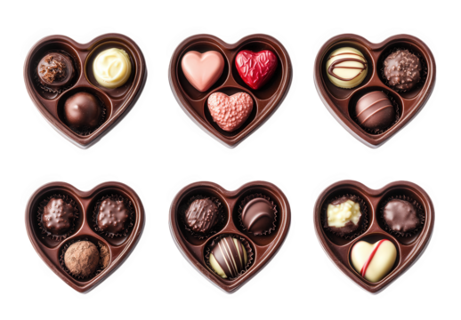 six heart-shaped boxes filled with assorted chocolates. showcasing a variety of shapes and colors. including red and brown hues this arrangement suggests a romantic or celebratory theme. perfect for o