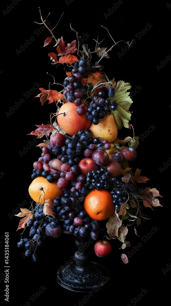 Poster elegant still life composition featuring fresh fruits like grapes oranges and pears on a black backg