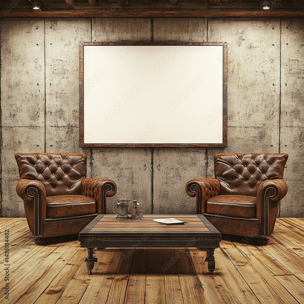 Aufkleber mock-up of a poster in an exhibition space with two chairs, created using 3d rendering and 3d illust