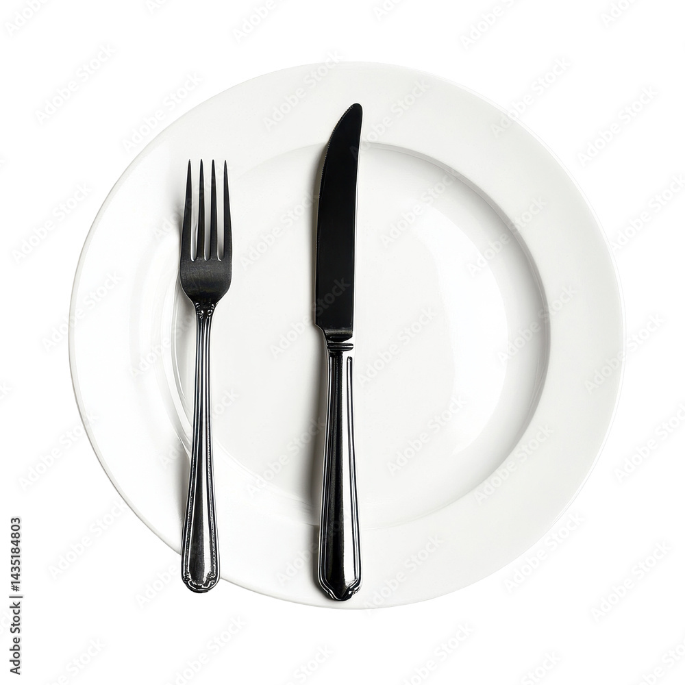 Poster elegant top view of a dinner setting with a fork and knife on a white plate isolated on a clean back