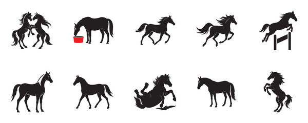 Horse Activities Silhouette Vector Set Galloping, Jumping, Grazing, Playing on White Background