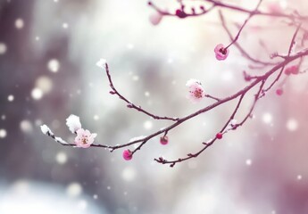Snow Covered Delicate Pink and White Blossoms on Branch