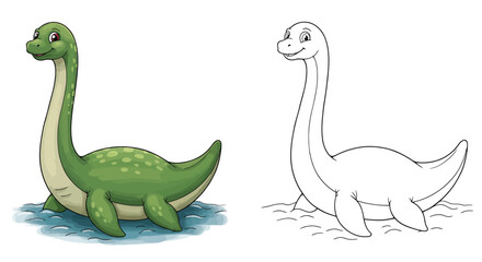 Obraz premium Cute Plesiosaur Coloring Page: A delightful illustration of a friendly Plesiosaur, perfect for coloring pages. The colorful version provides a visual reference.