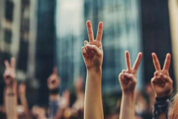 Group of diverse hands displaying peace signs in a city setting