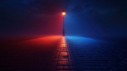 Solitary Lamppost on a Wet Cobblestone Street at Night, Illuminated with Contrasting Orange and Blue Lights