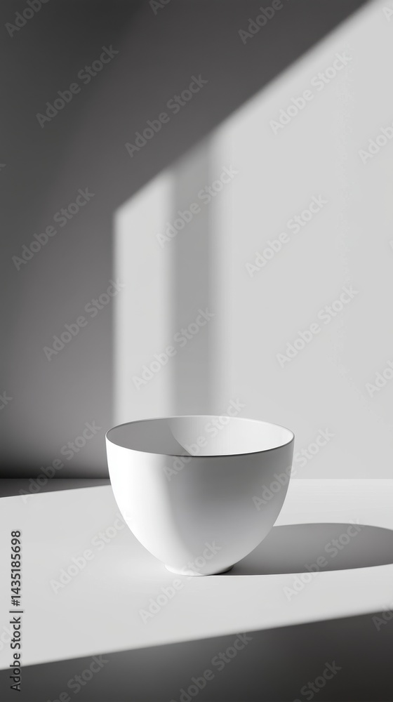 Poster minimalist white bowl on a white surface with soft light casting shadows against a neutral backgroun