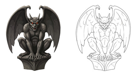 Mystical Gargoyle Illustration: A detailed illustration showcasing a gothic gargoyle, emanating an aura of mystery and history. This image is split into two panels.